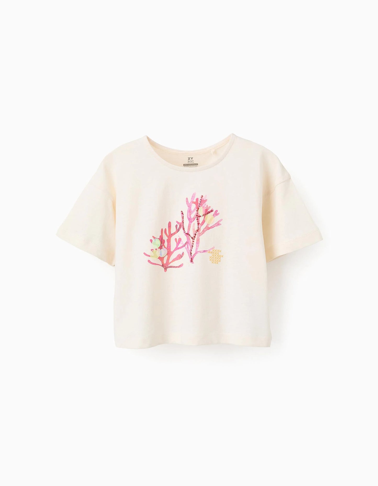 T-shirt in cotone con paillettes e perline